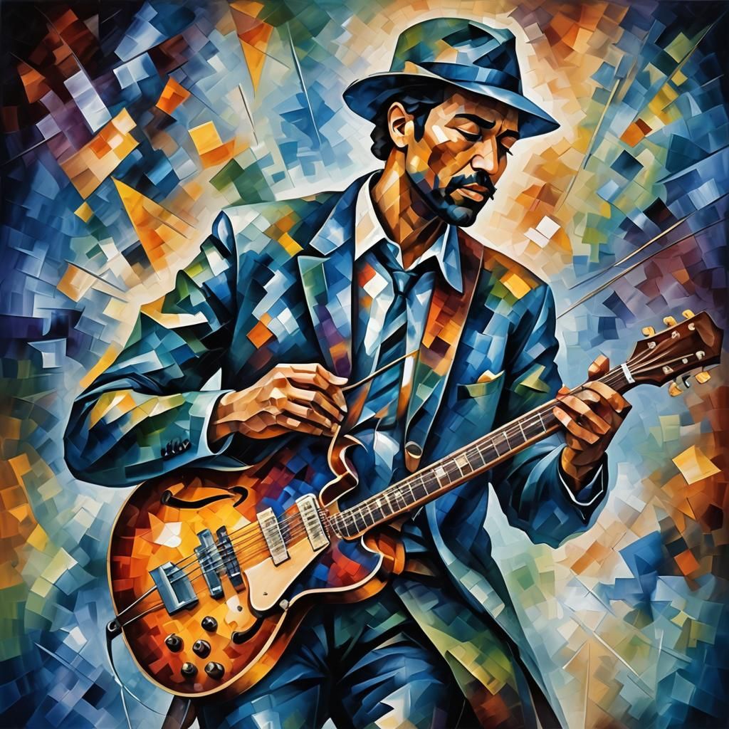 Cubist Blues Guitarist in Oil Paint