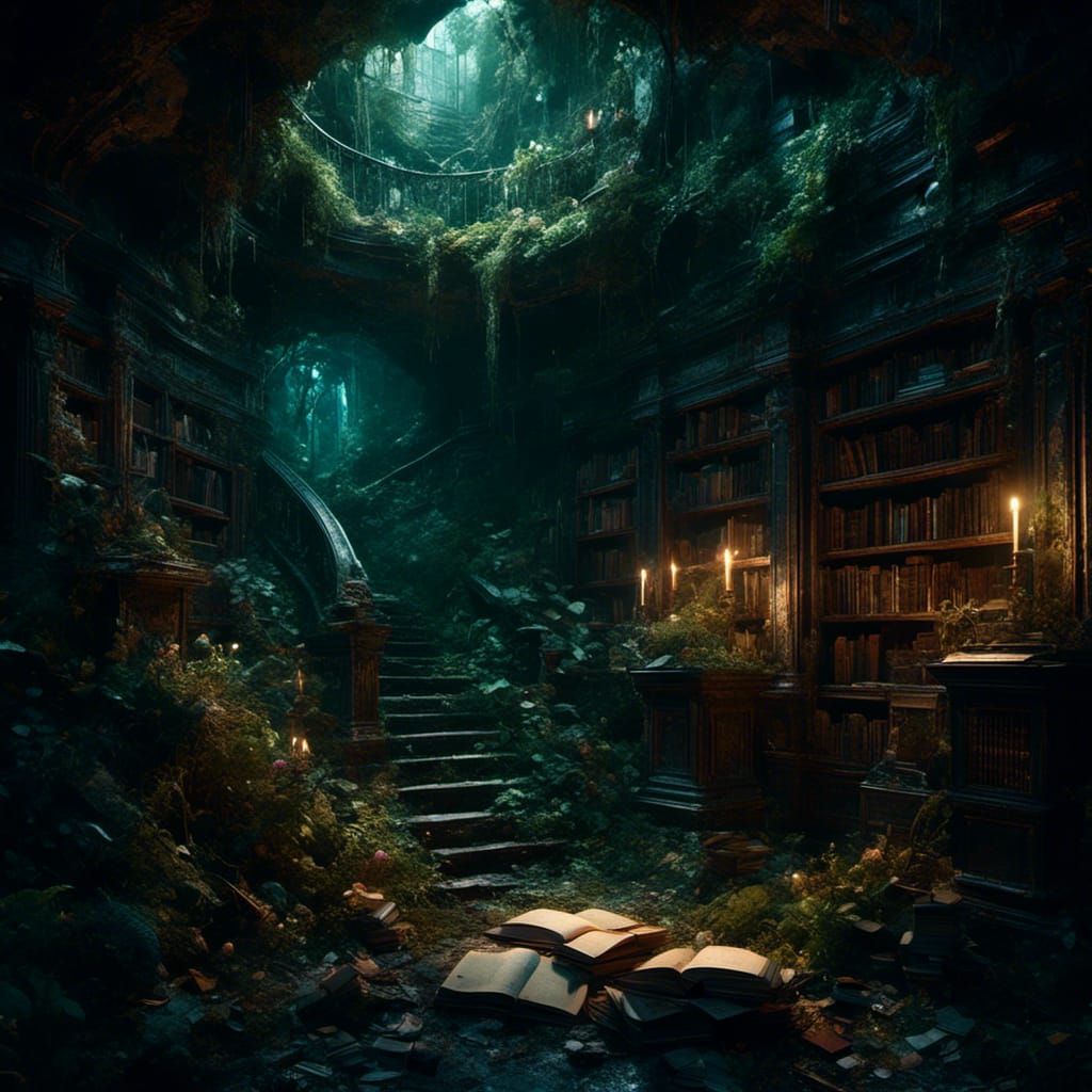 Dark Underground Library in Macabre Horror Style
