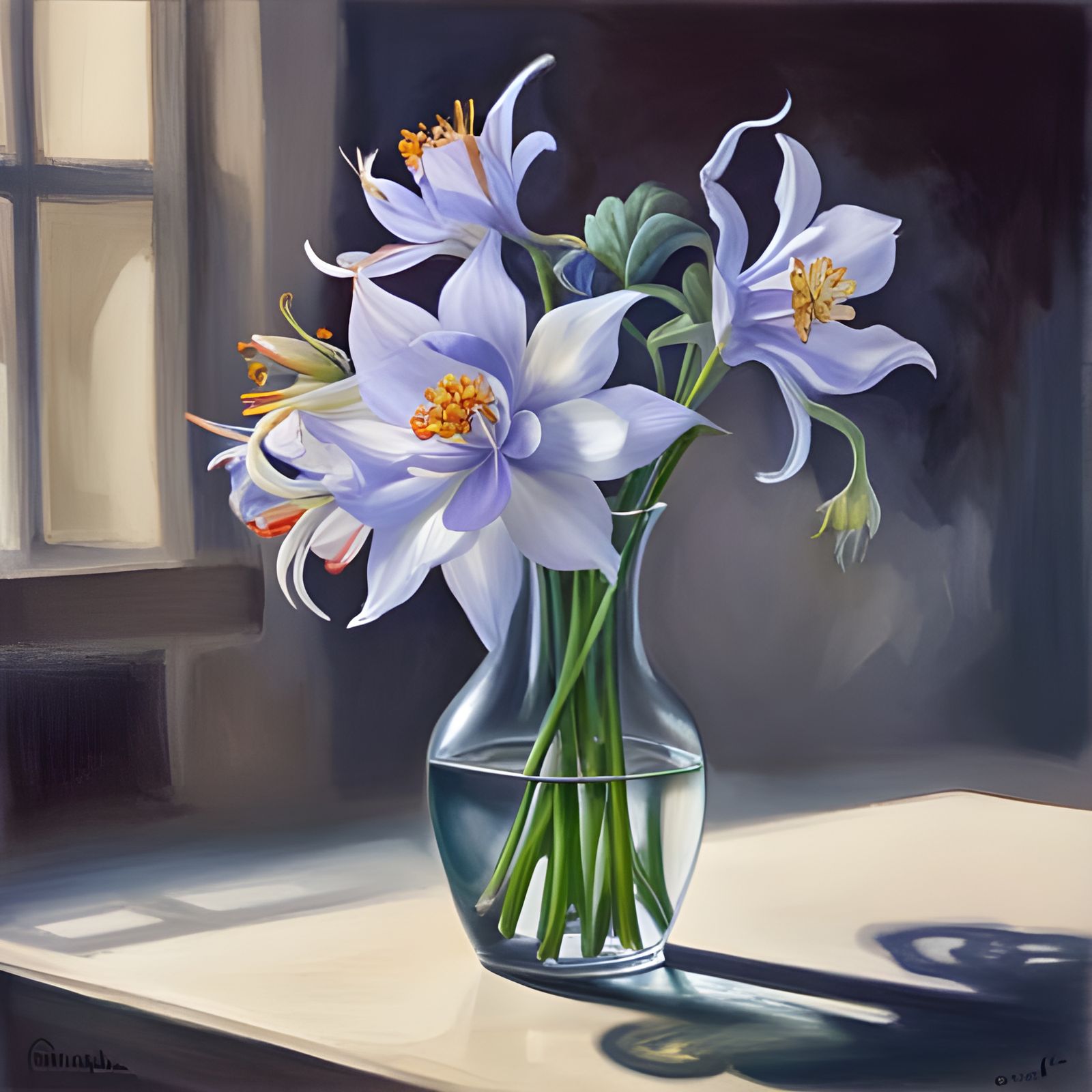 Hyperrealistic Transparent Glass Columbine Flowers in Vase