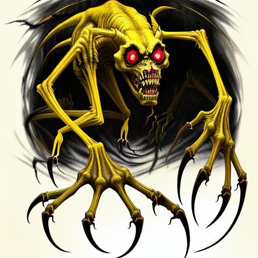 the hideous cruel yellow demon with red eyes, has long claws...