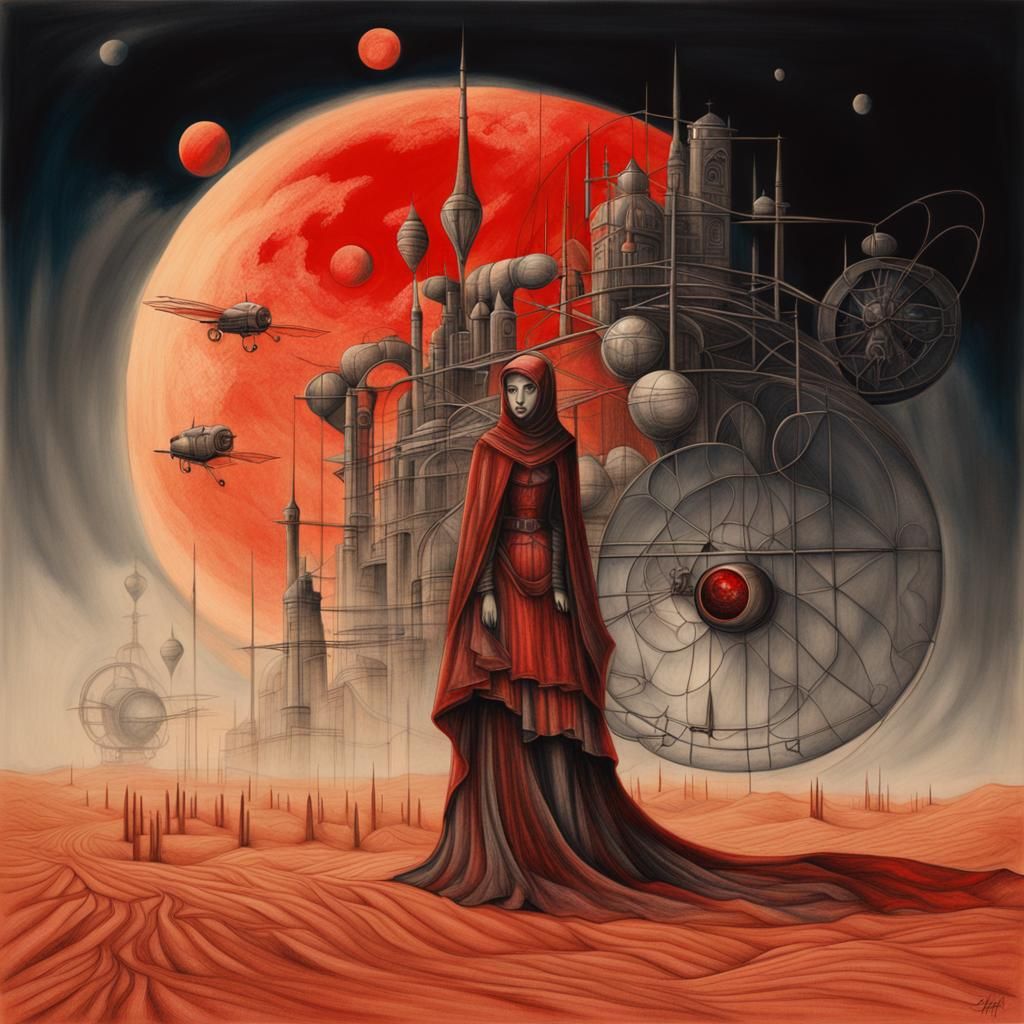 Surreal cubist dreamscape veiled woman flies sky desert red ...