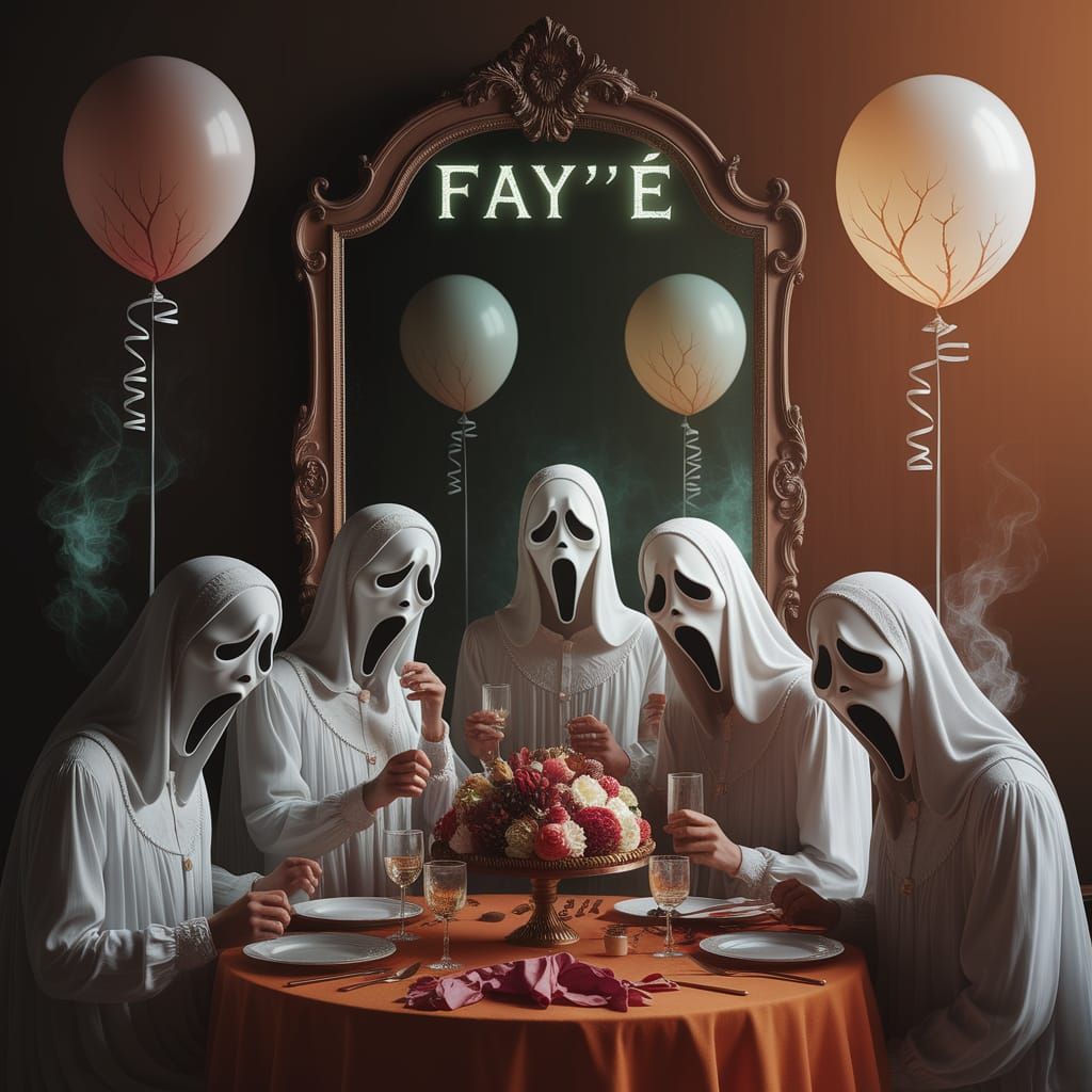 Surreal Party Gathering with Ghost Masks and Mismatched Refl...