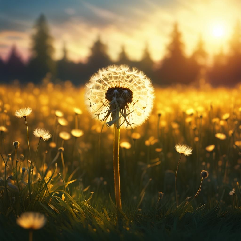 Blooming Dandelion in Meadow: Painterly Digital Art