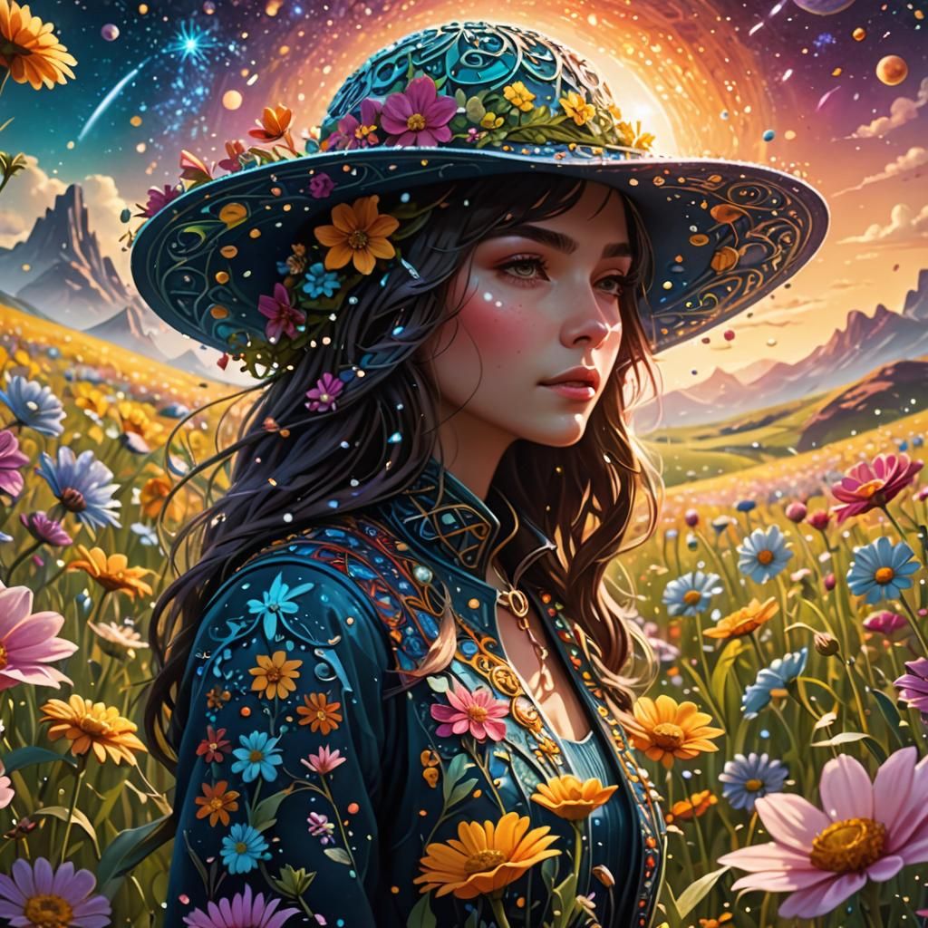 Ethereal Person Wearing Hat in Fantasy Flower Field