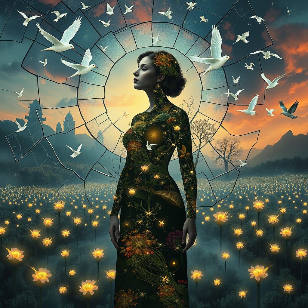 Surreal Dreamlike Collage with Glowing Mystical Creatures