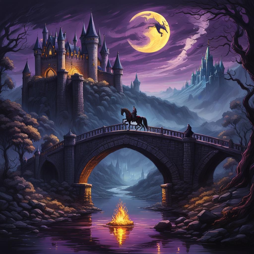 Gothic Vampire on Fire Horse, Dark Fantasy Art