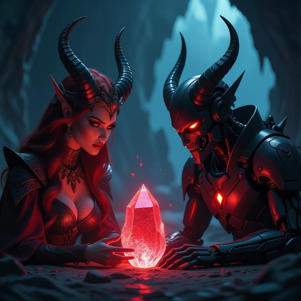 Demon Queen and Robot Demon Observe Glowing Red Crystal