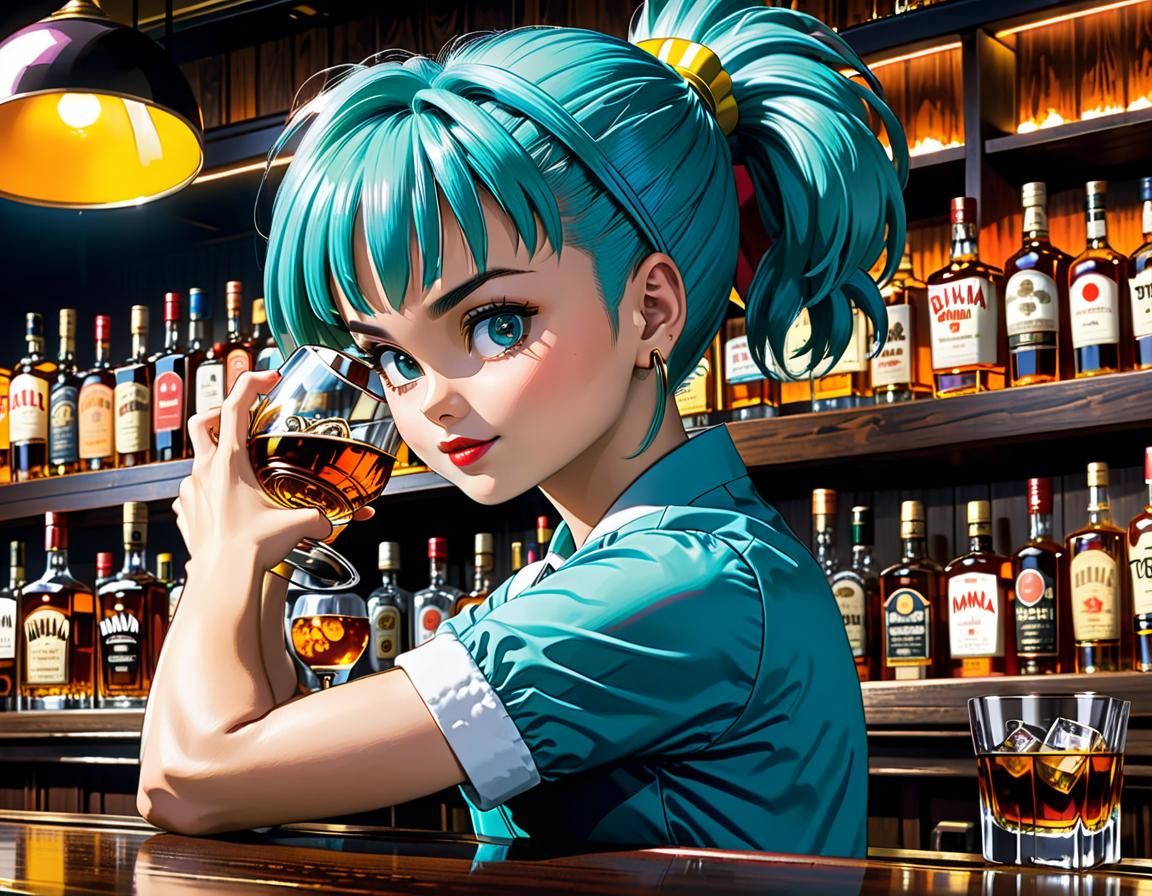 Bulma as Bartender in Akira Toriyama Style