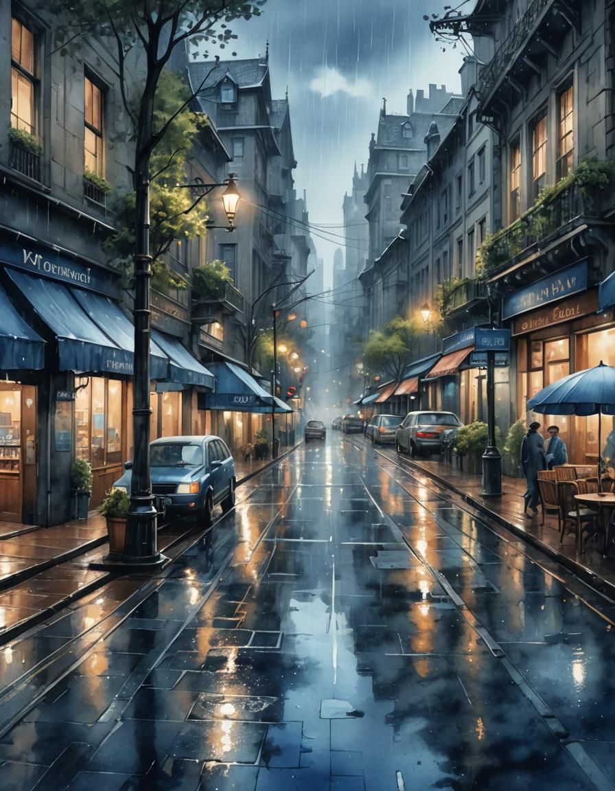 Rainy City Street in Monochromatic Blue Watercolor