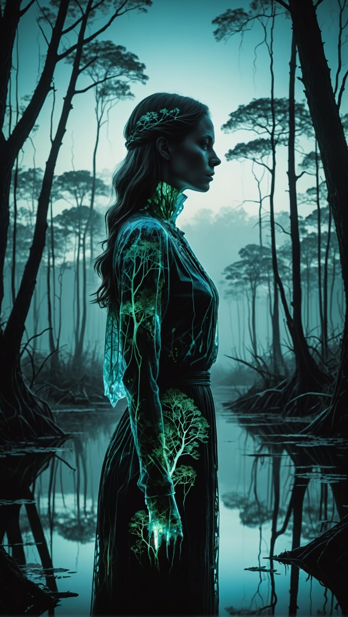 Bioluminescent Swamp Optical Illusion with Woman Silhouette