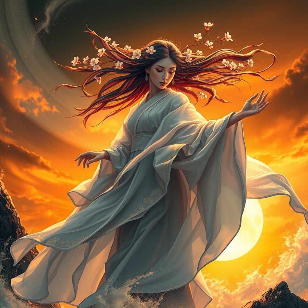 Wind Goddess Amidst Stormy Sunset in Digital Art