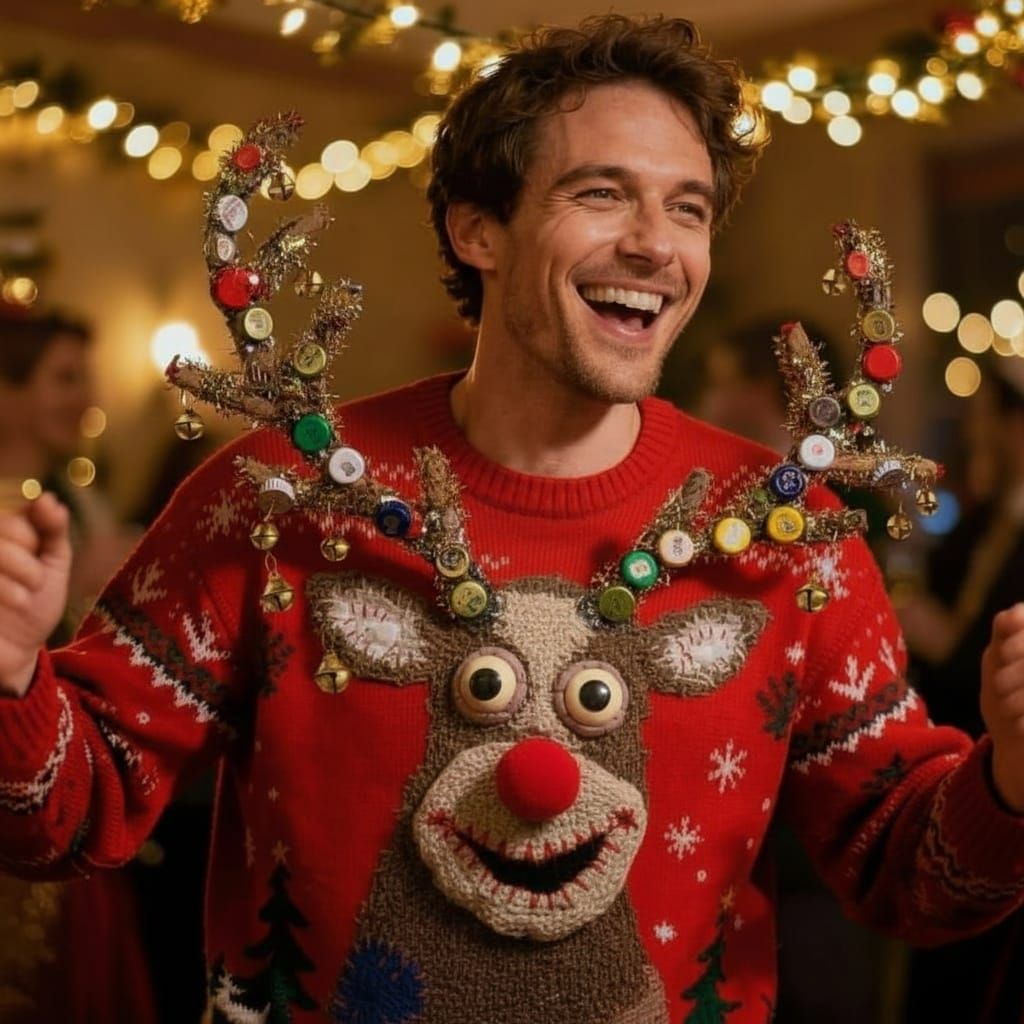 Man in Ugly Christmas Sweater at Party