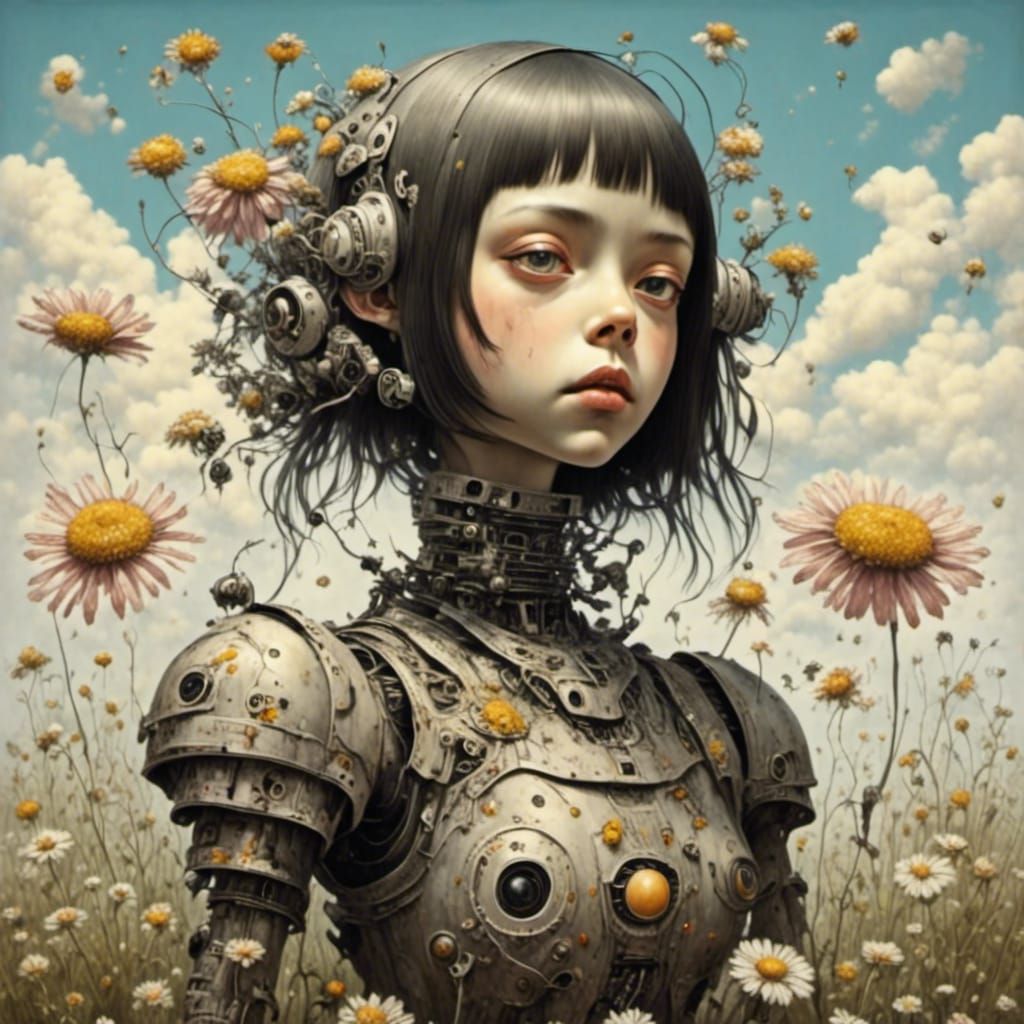 Robot Girl in Daisy Field: Pastel Concept Art