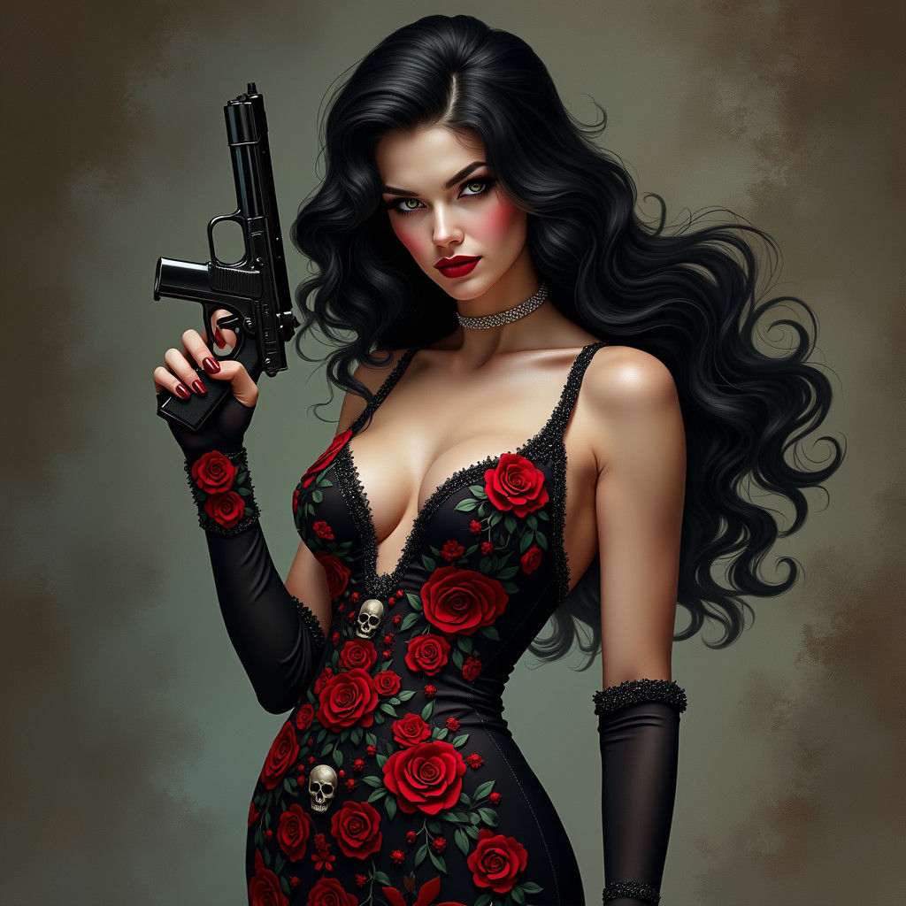 Gothic Mob Boss in Iridescent Gown, Pin-Up Style