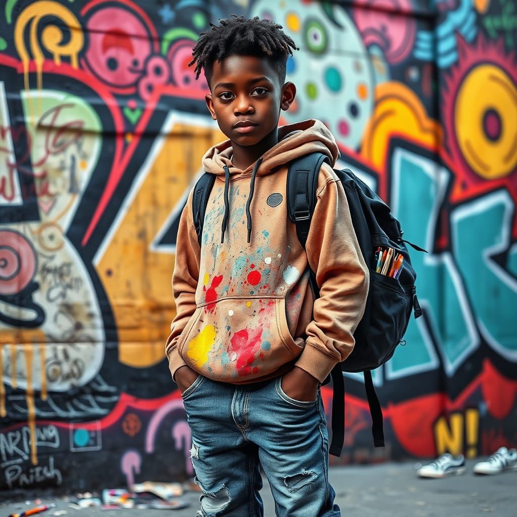 Confident Young Artist Stands Before Vibrant Graffiti Wall