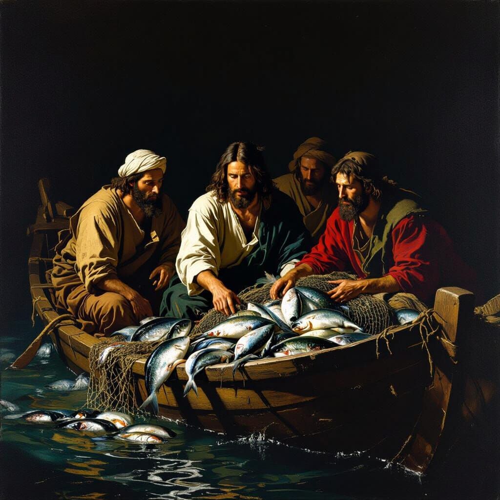 Jesus and Disciples Catching Fish as Baroque Painting