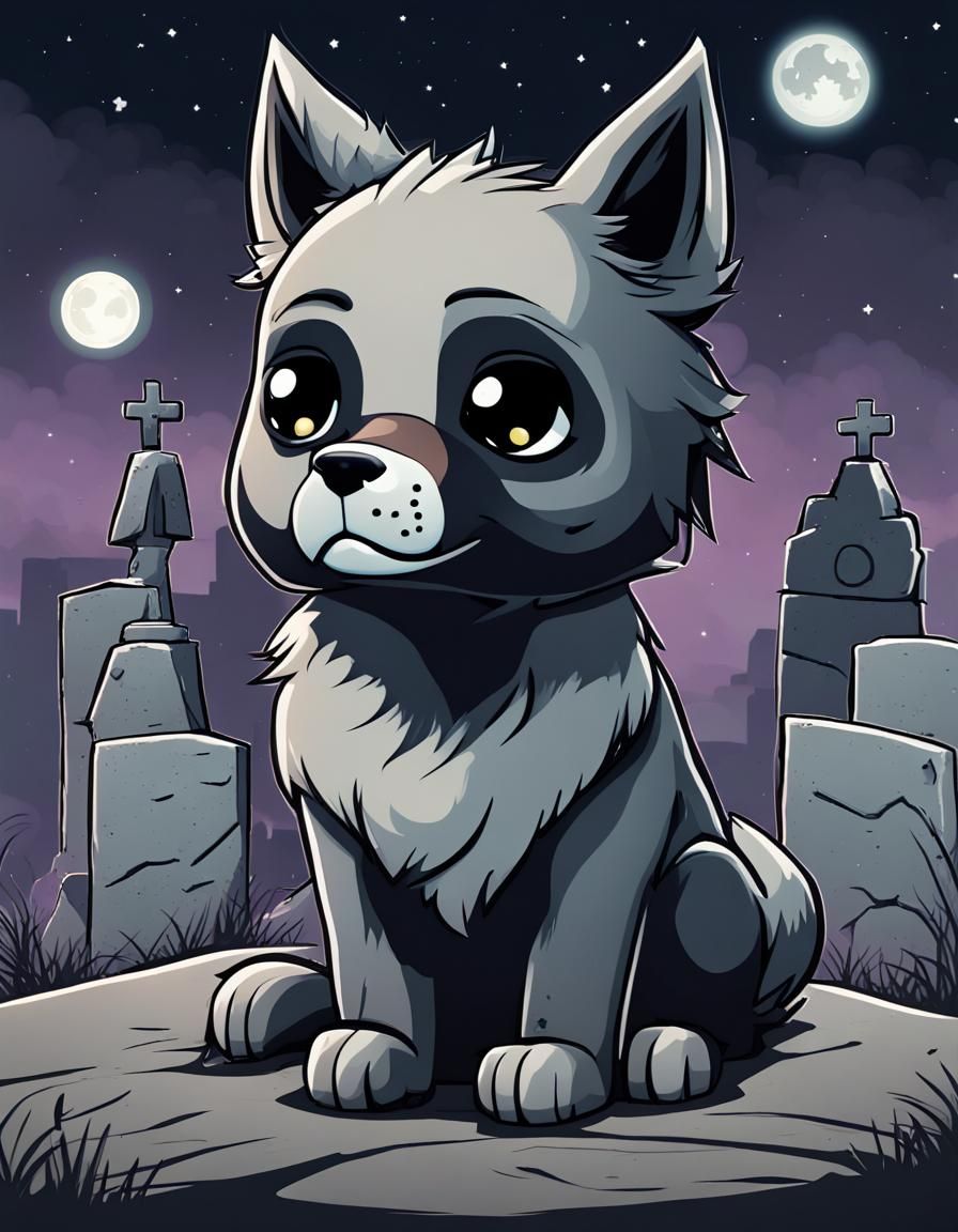 Chibi Pixar Wolf Howling at Moon in Cemetery