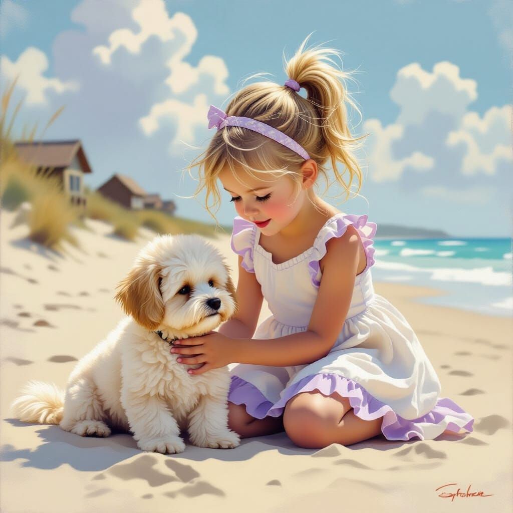 Girl with Dog on Beach in Expressionistic Oil Style