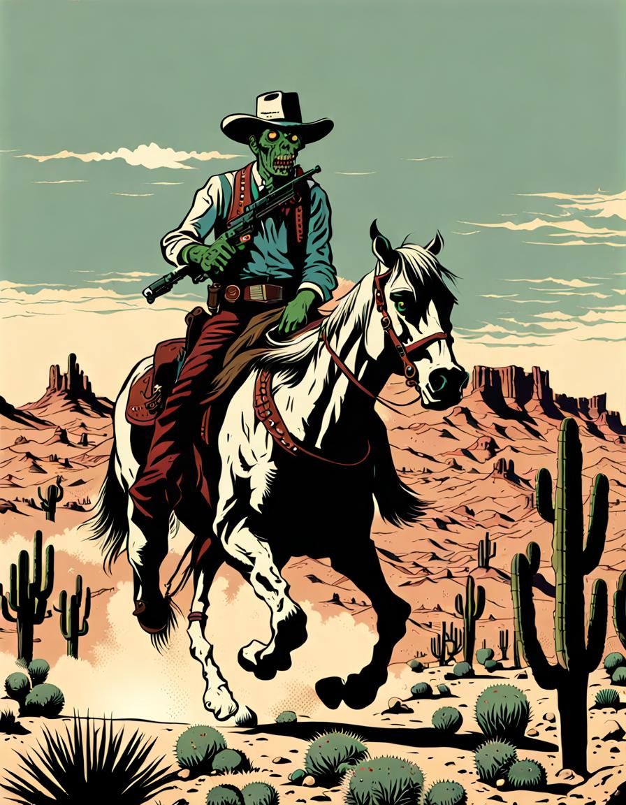 Vintage Zombie Cowboy Rides Through Desert