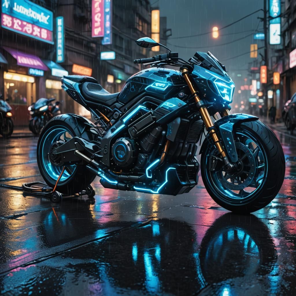 Futuristic Motorcycle on Neon City Street