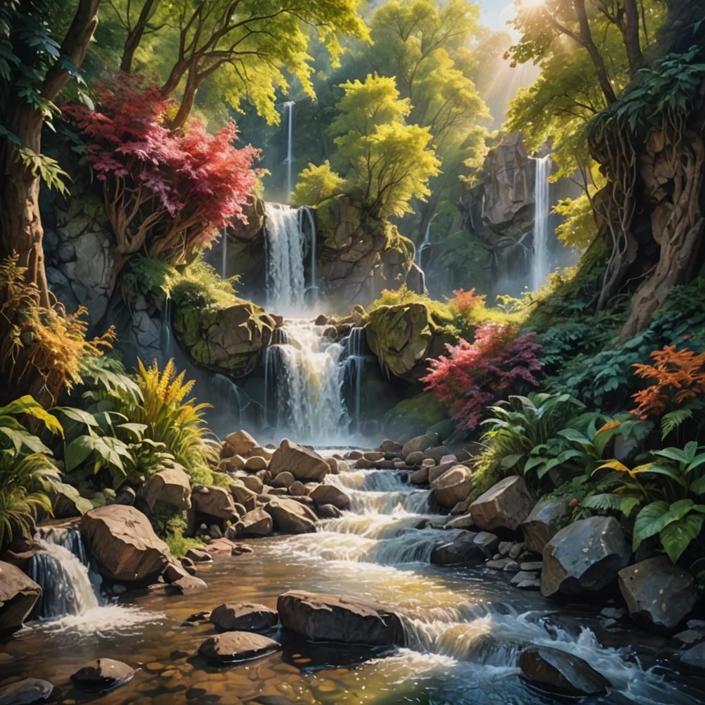 Realistic, waterfall into a small stream, bright colors, sun...