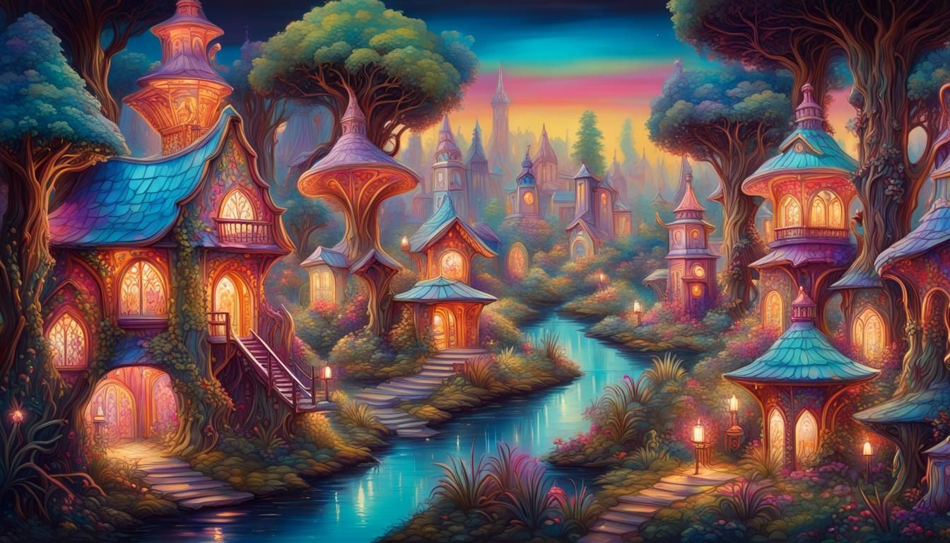 Detailed Fairy Village in Ceramic Art Style