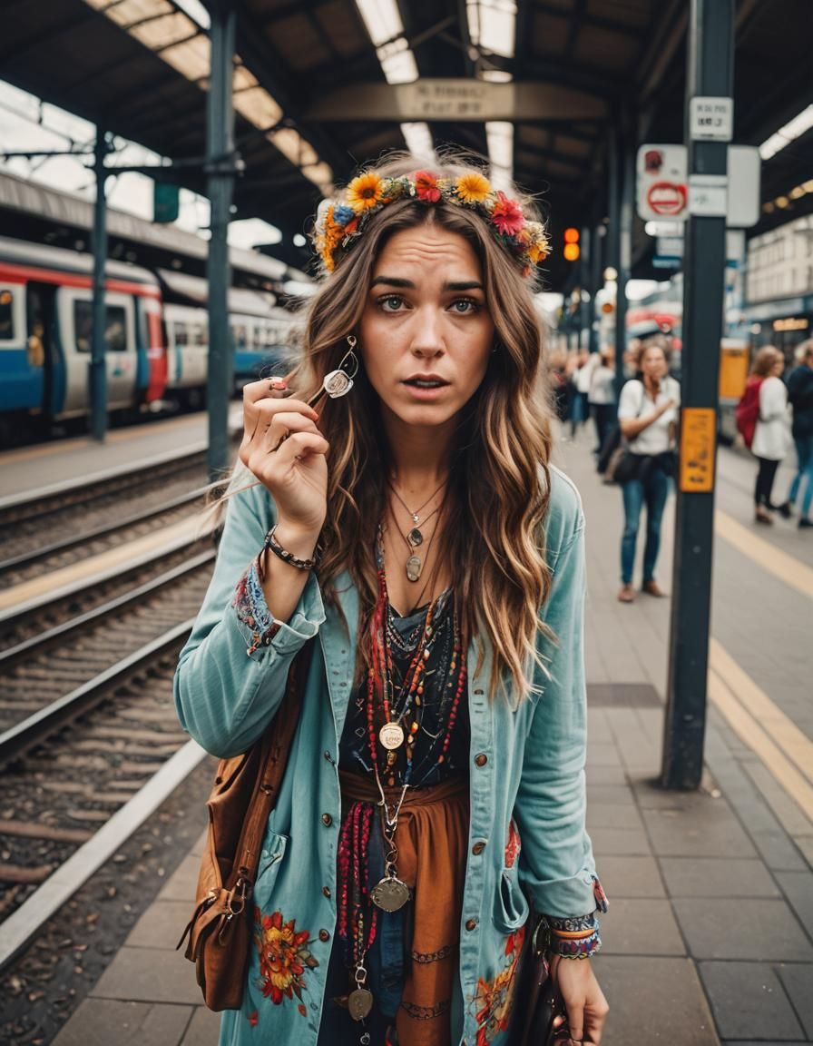 Confused Hippie Woman Portrait at Train Station