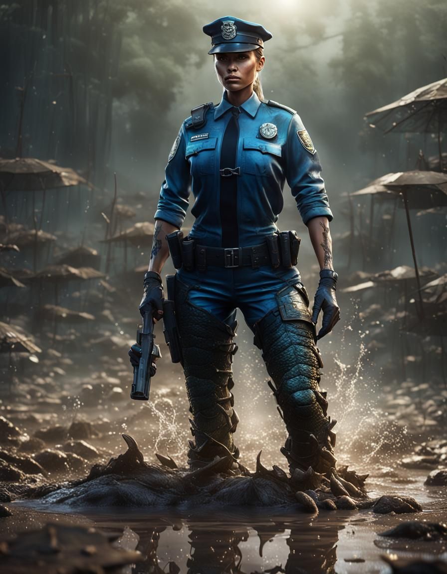 Muscular Policewoman in Mud, Detailed Matte Painting