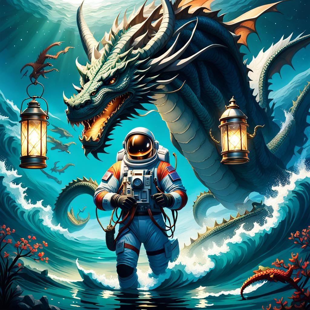 Astronaut and Dragon Encounter Undersea