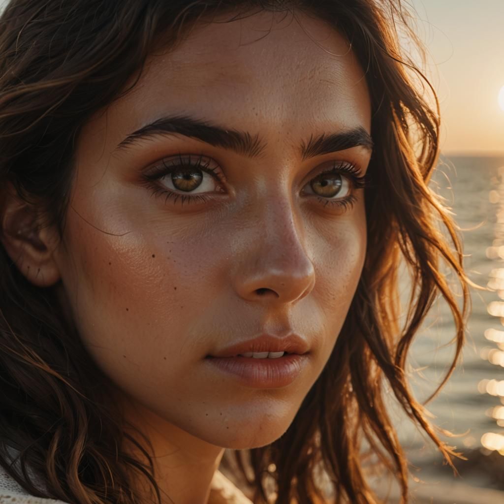 Mediterranean Girl Stares into Golden Horizon