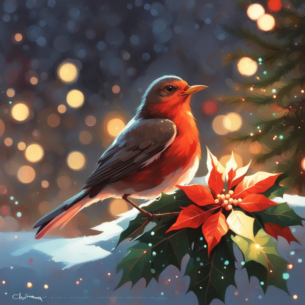Robin with Poinsettia in Guweiz and Disney Style