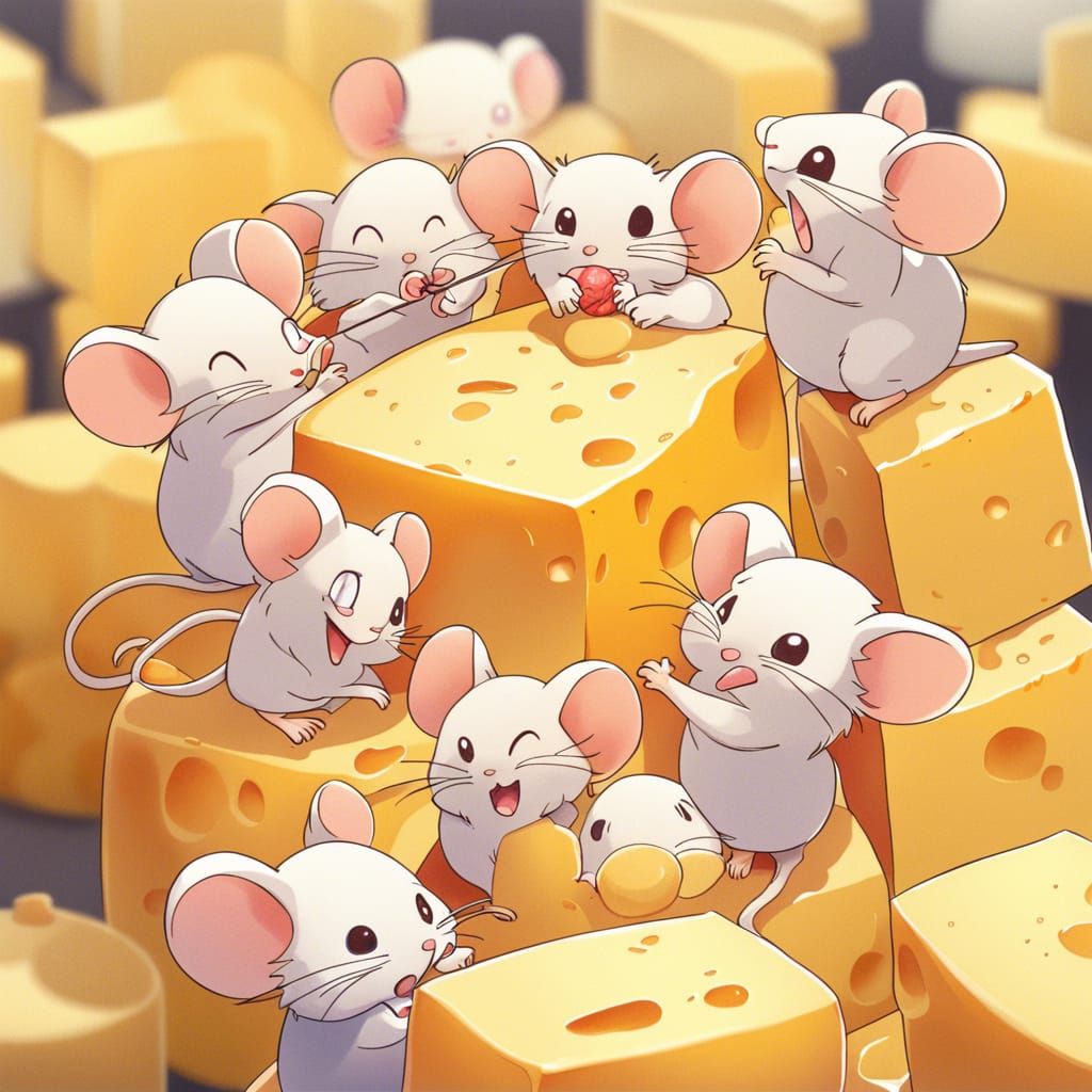 Happy Mice Celebrate with Cheese in Anime Style