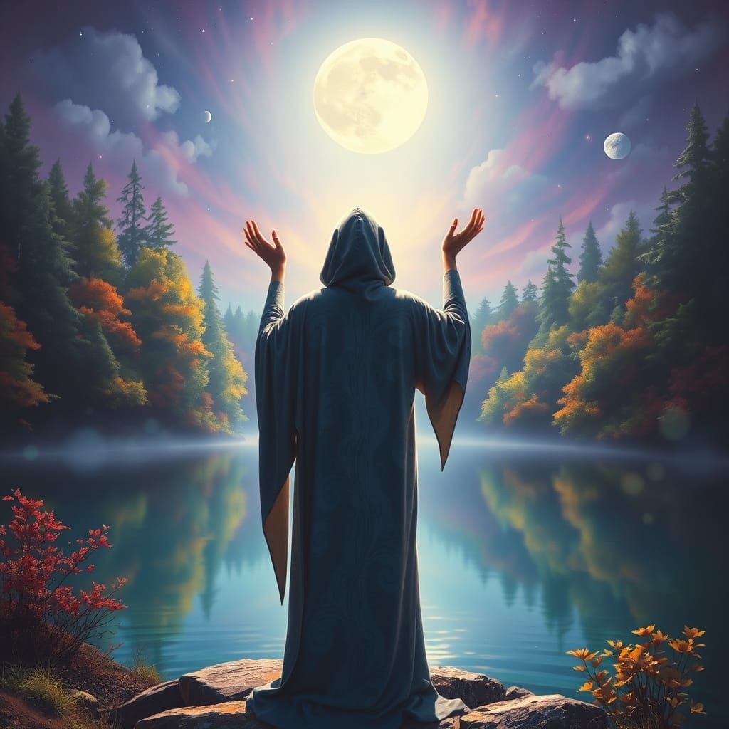 Dreamlike Scene with Hooded Figure under Full Moon