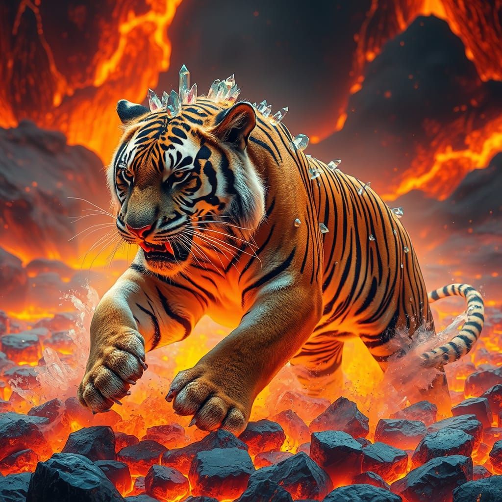 Mystical Crystal Tiger in Fiery Lava Landscape