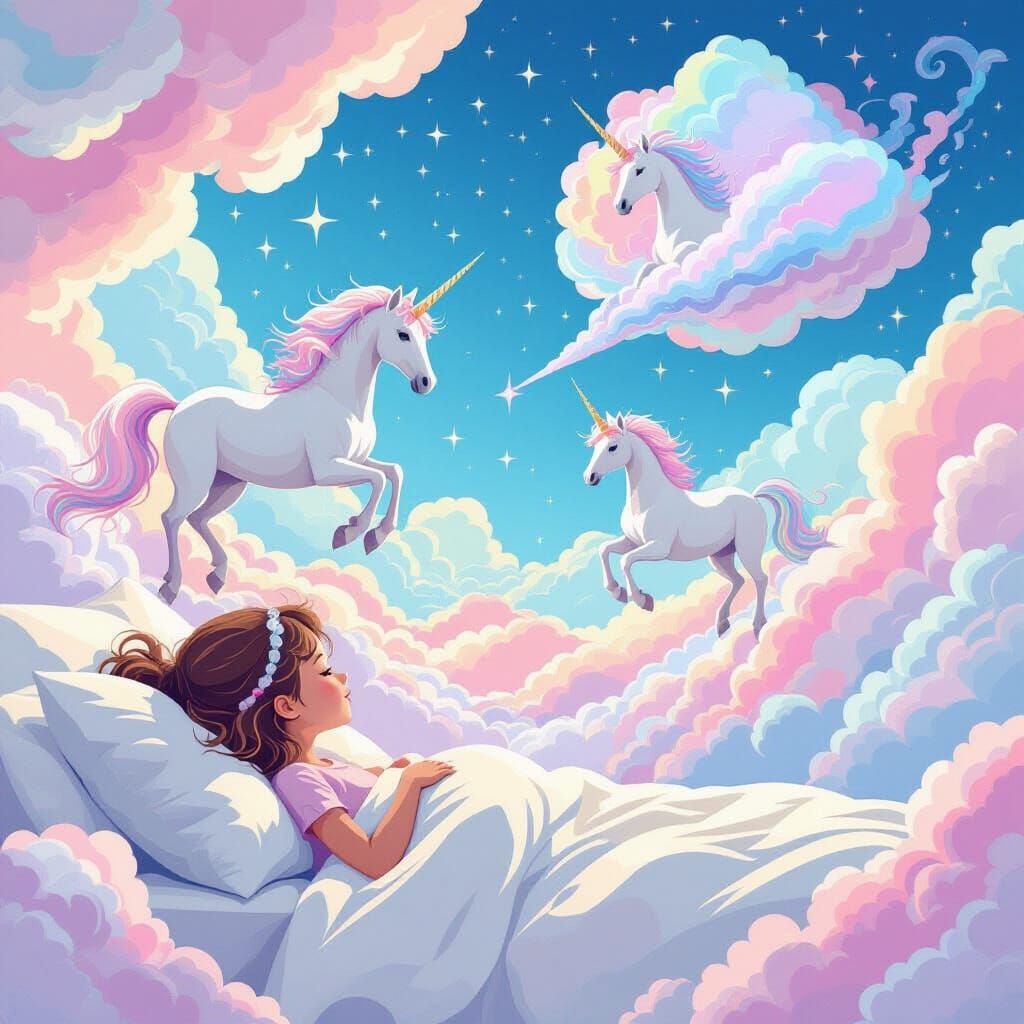 Girl's Dream of Flying with Unicorns and Cotton Candy Clouds