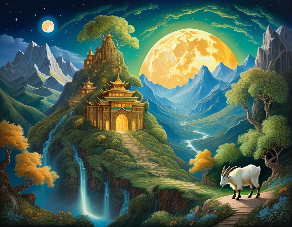 Surreal Mountain Landscape with Golden Moonlight