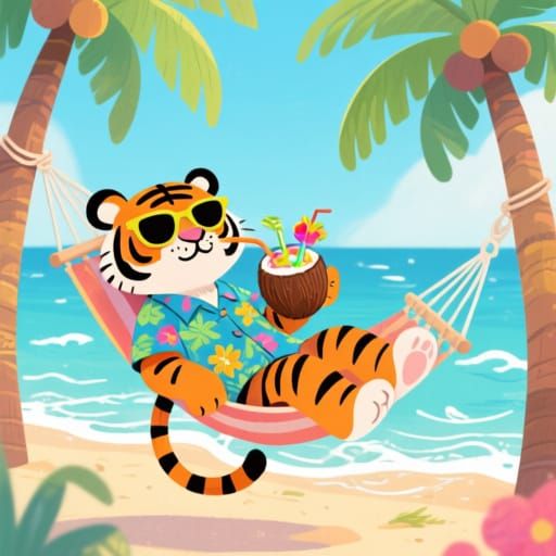 Tiger in Hawaiian Shirt on Tropical Beach