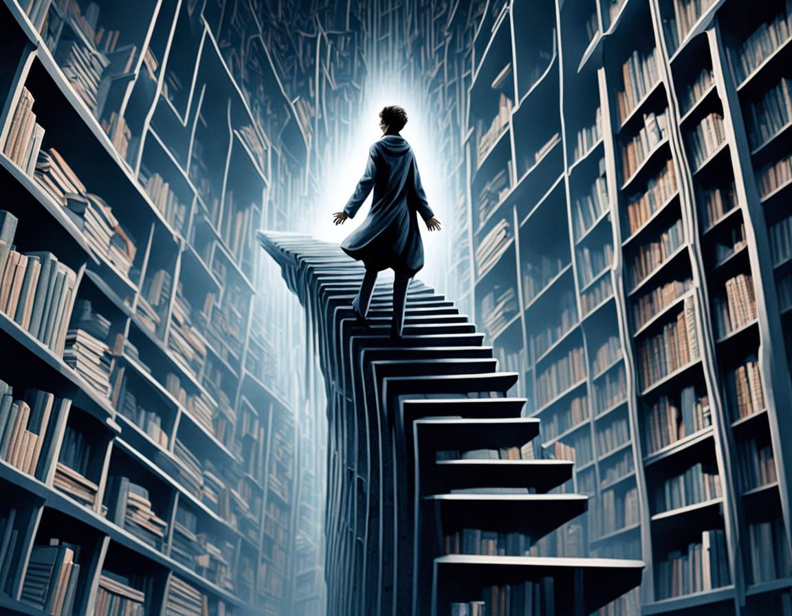 Towering Library in M.C. Escher Style