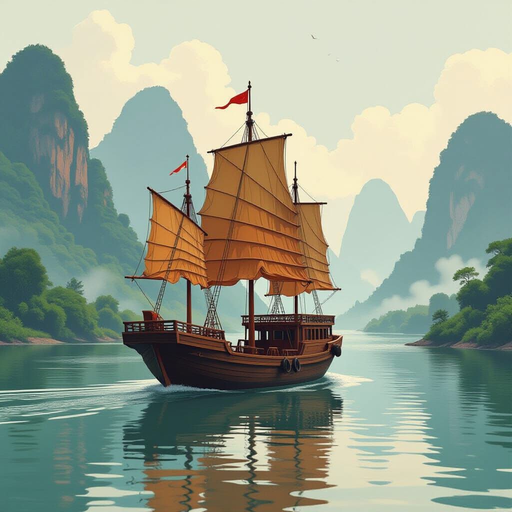 Tang Dynasty Cargo Ship on Yellow River: Matte Painting