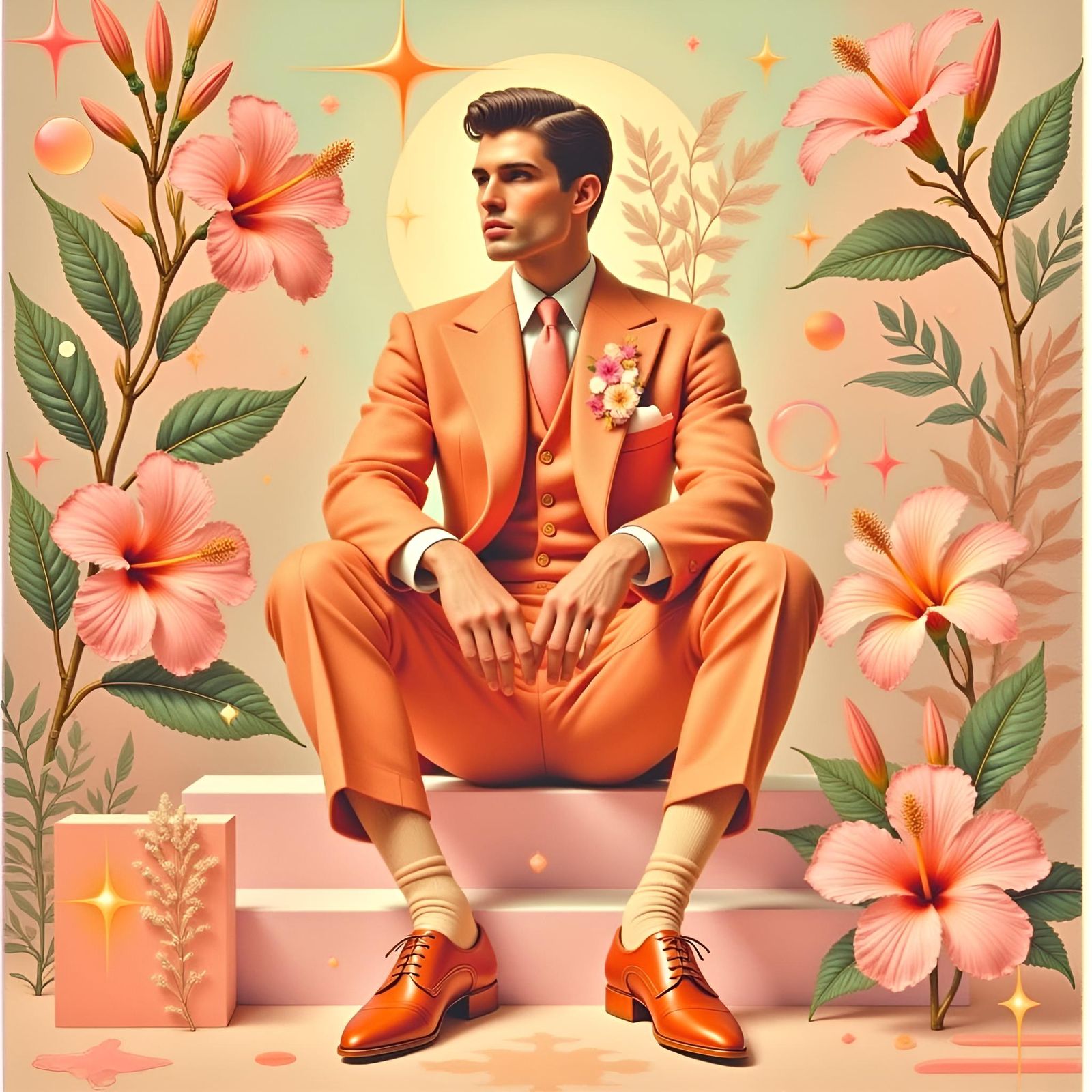 Elven Man in Peach Vaporwave Decoupage Collage