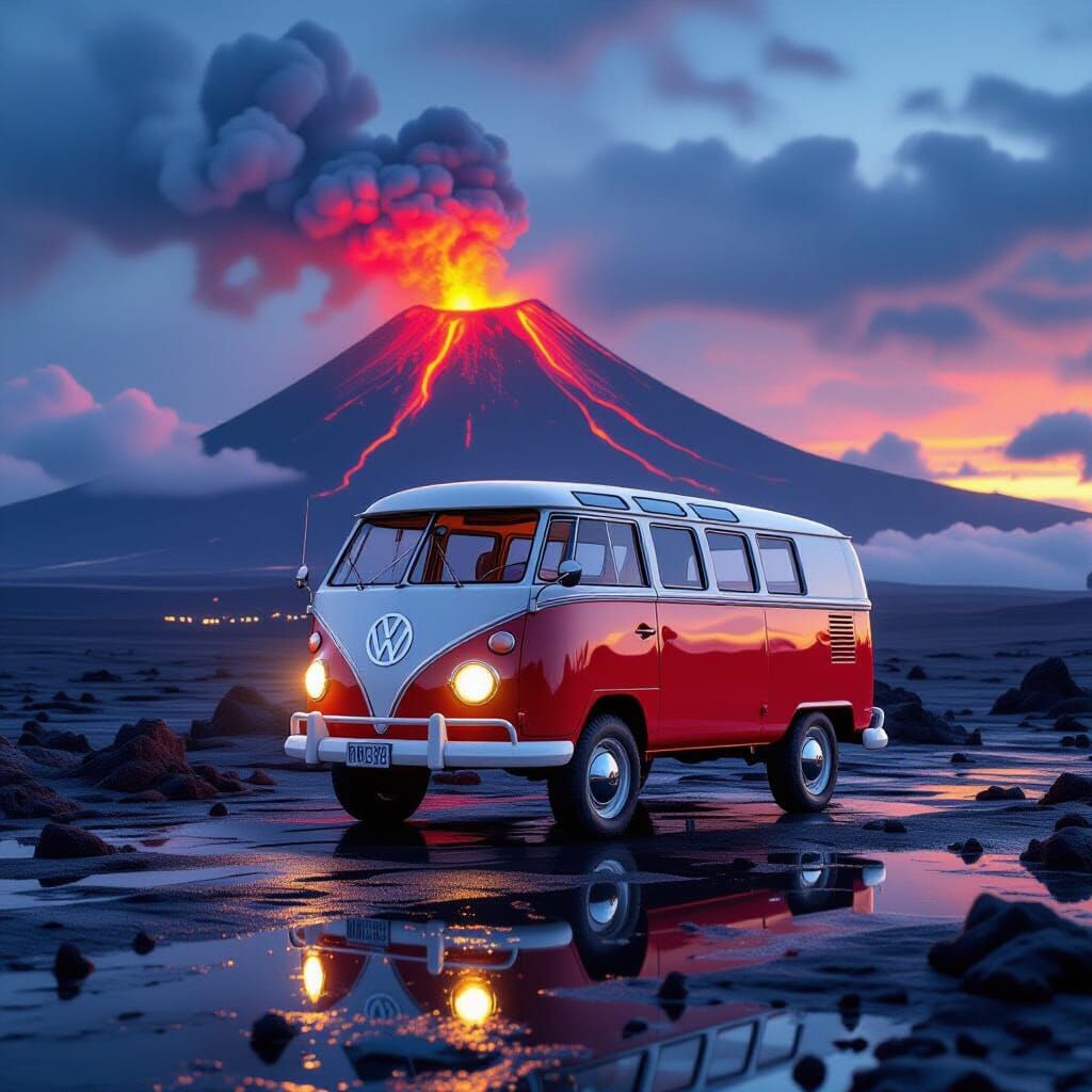 Volcano Erupts at Dusk With Vintage Van