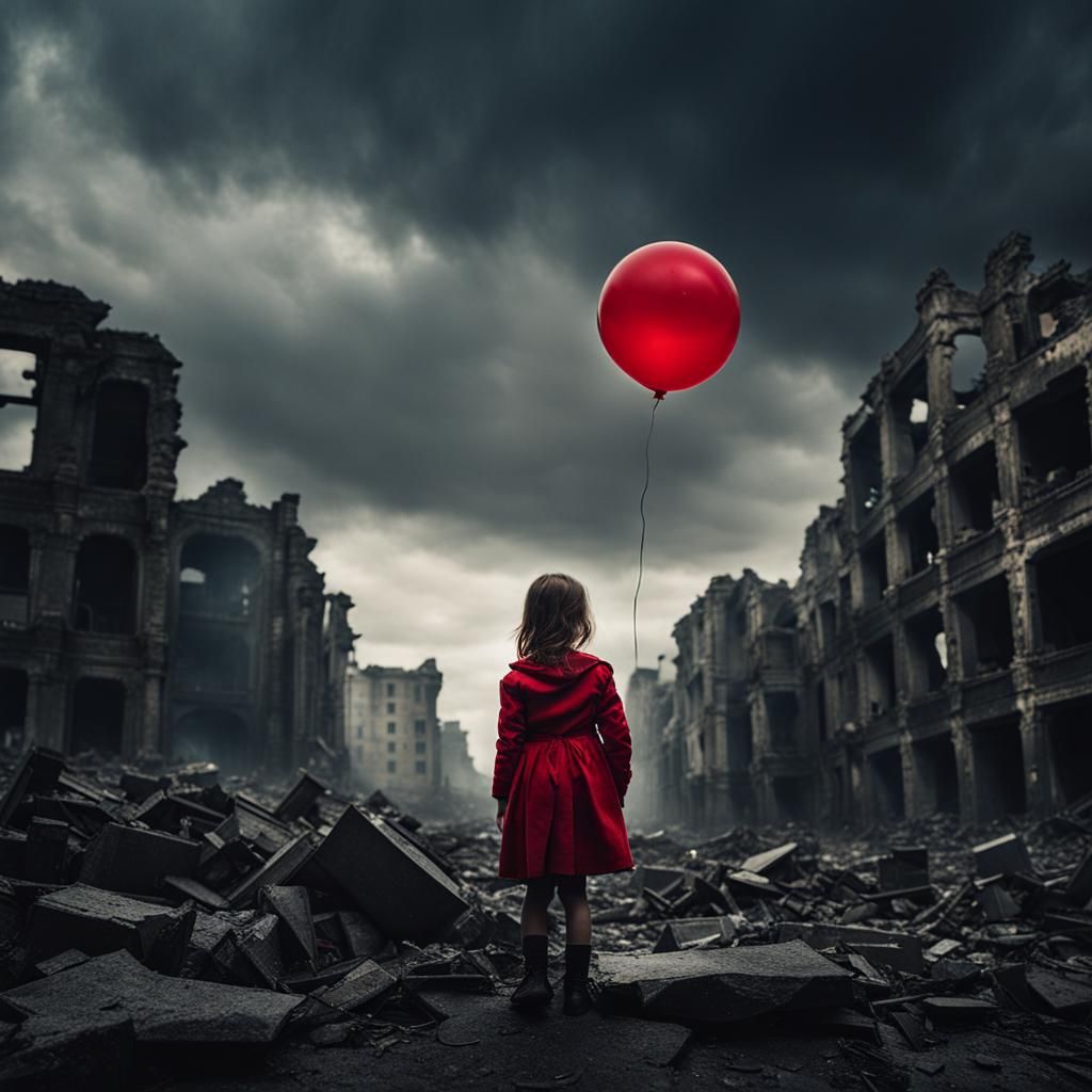 Girl With Red Balloon in Cyberpunk Ruins