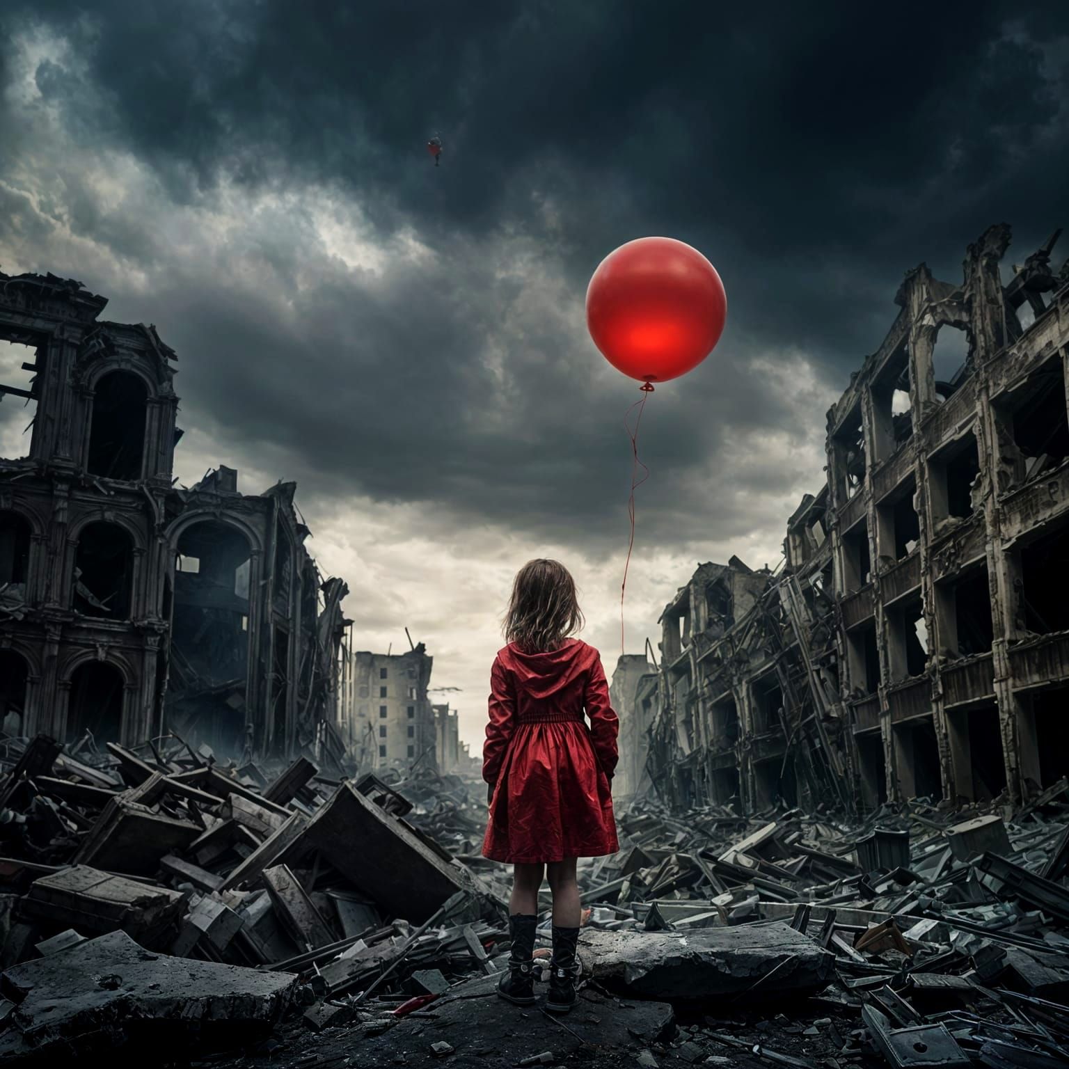 Girl with Red Balloon in Ruined Cyberpunk City