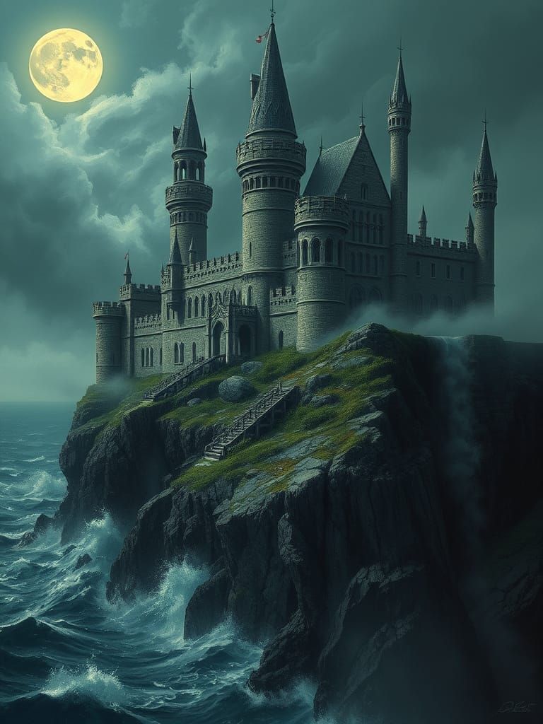 Weathered Cliffside Castle under the Ghostly Full Moon