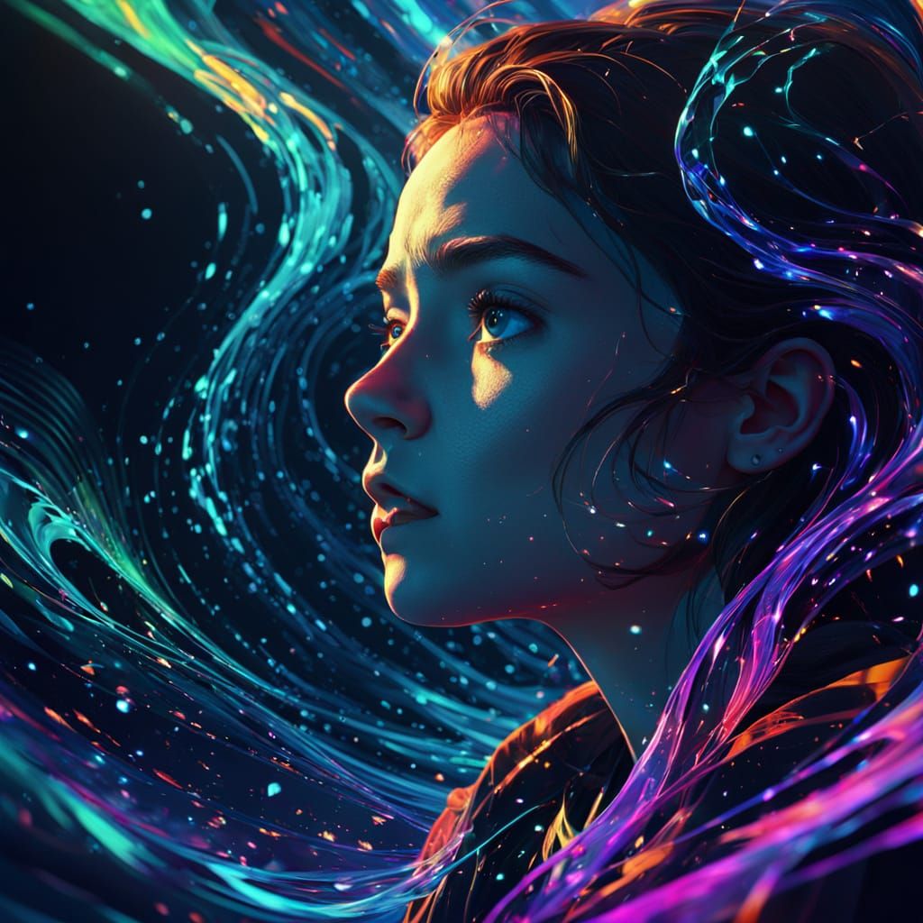 Person in Non-Euclidean Space in Painterly Style