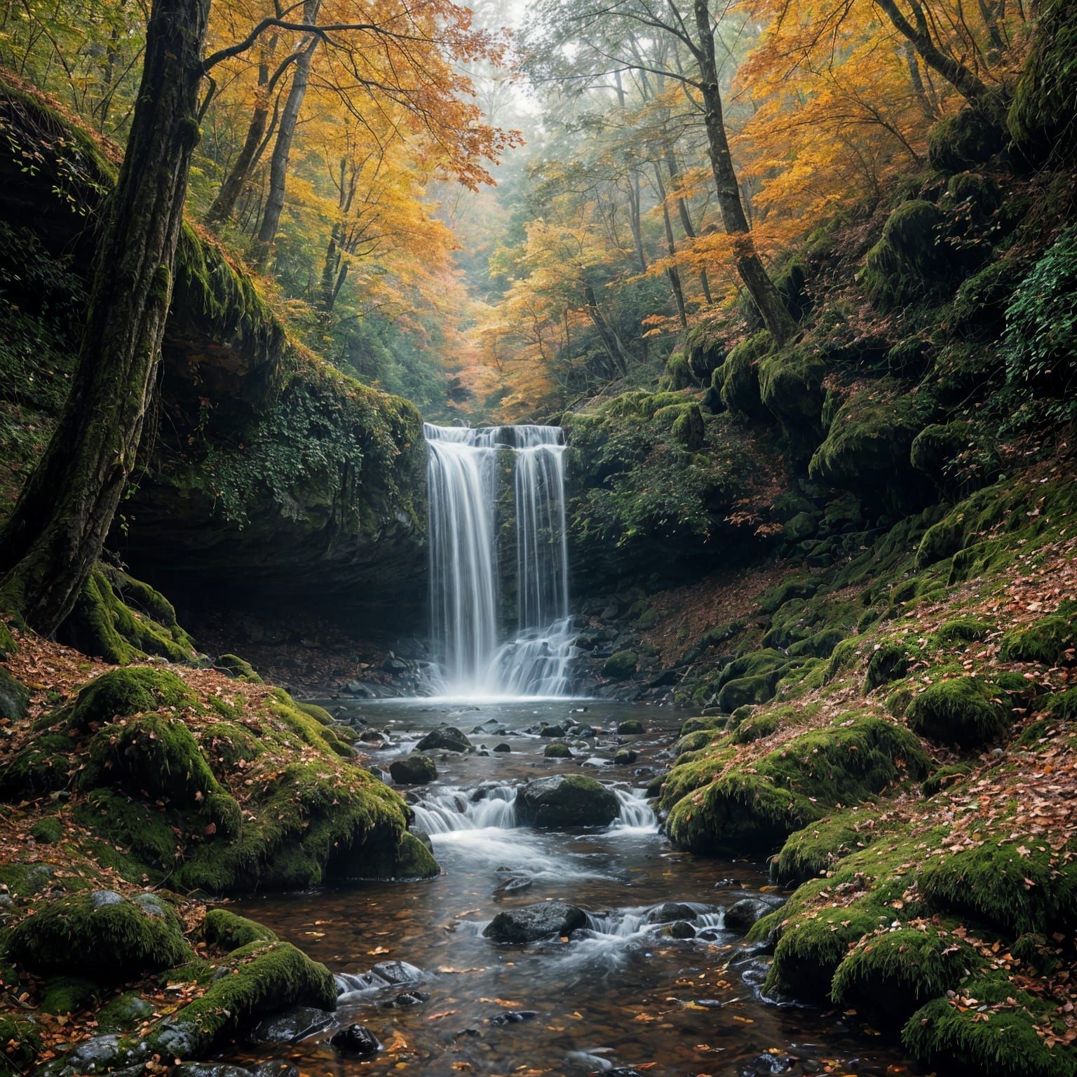 Hidden Autumn Waterfall in Dense Forest