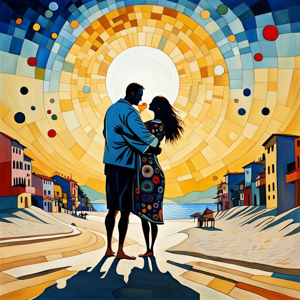 Mother and Child at Beach in Abstract Style