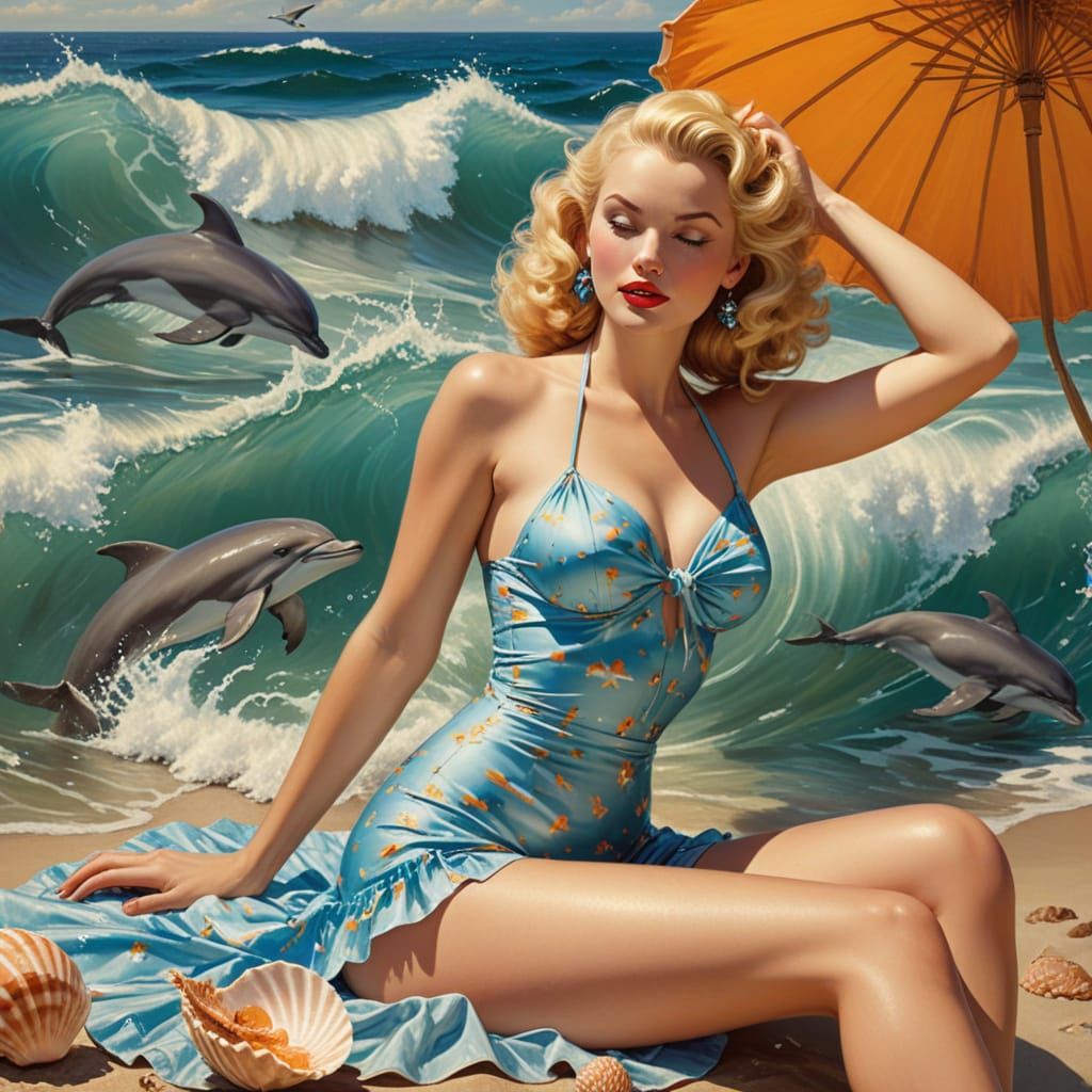Retro Pin-Up Girl on Seashell with Dolphins