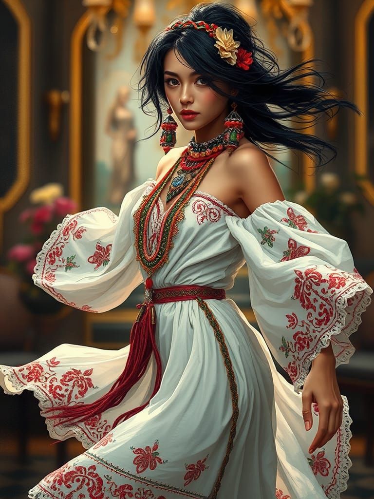 Gypsy Woman in Flowing Dress, Art Deco Portrait