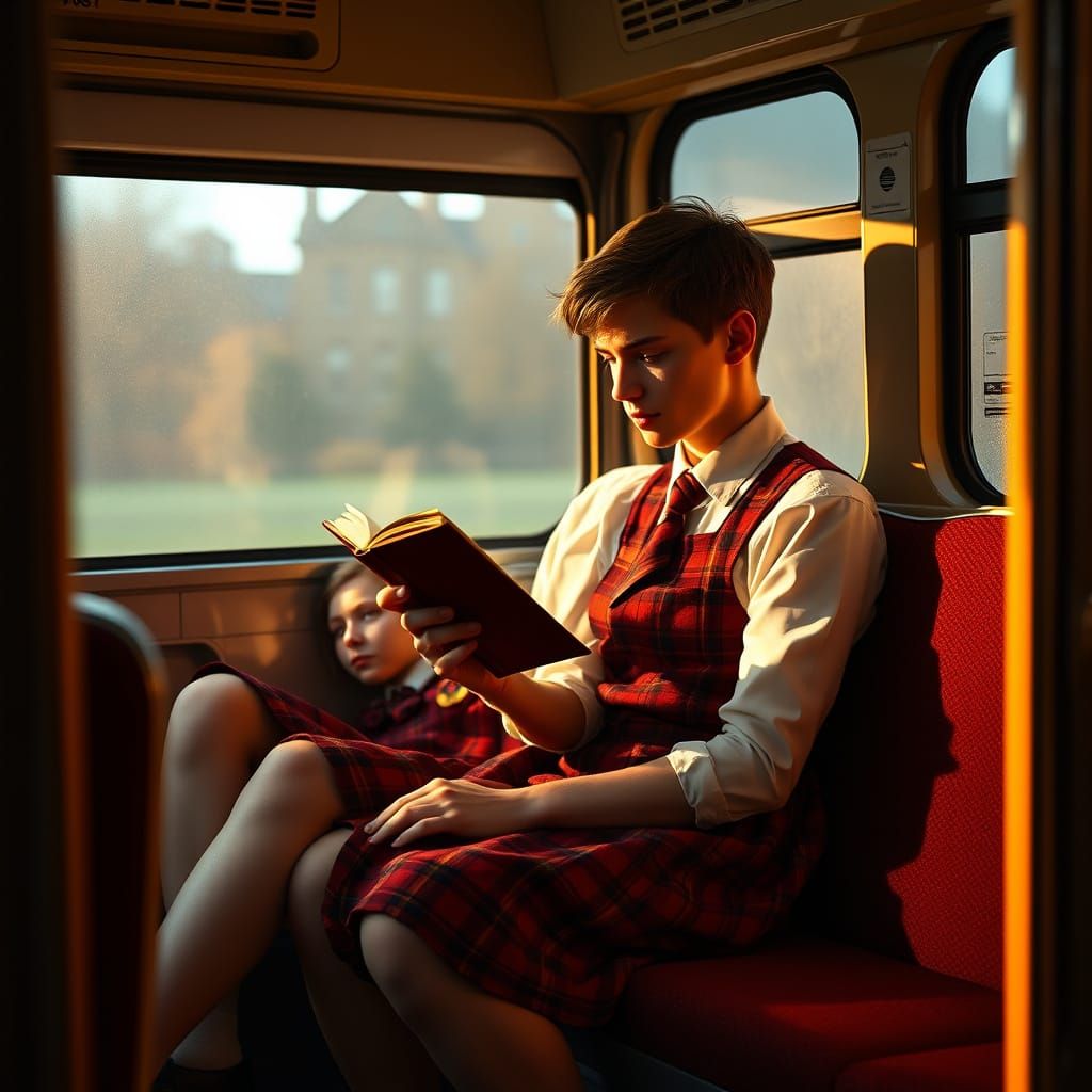Elegant Teenagers in a Bus, Inspired by Digital Matte Painti...